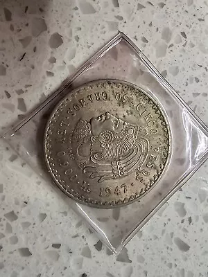 1947 Mexico 🇲🇽 5 Pesos .900 Silver Cuauhtemoc Aztec Warrior Key Date KM # 465 • $35