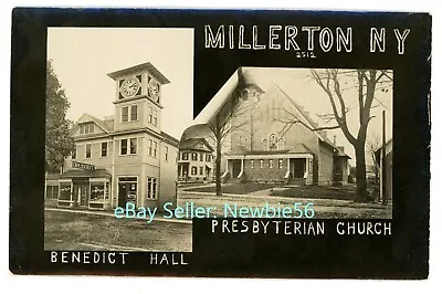 Millerton NY - BENEDICT HALL DURG STORE & PRESBYTERIAN CHURCH - RPPC Postcard • $15