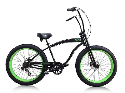 26  Slugo 7 Speed 4  Fat Tires Stretch Beach Cruiser Bicycle Black Green Bike • $589.99