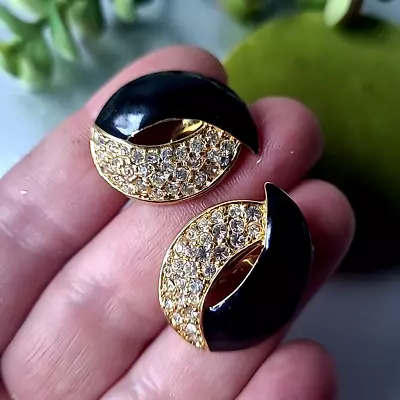 Vintage Estate Monet Gold Tone Black Enamel Glass Rhinestones Earrings Clip On • $3.25