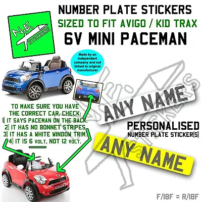 Number Plate Sticker (s) SIZED TO FIT Kids 6v MINI Cooper S PACEMAN Ride On Car • £3