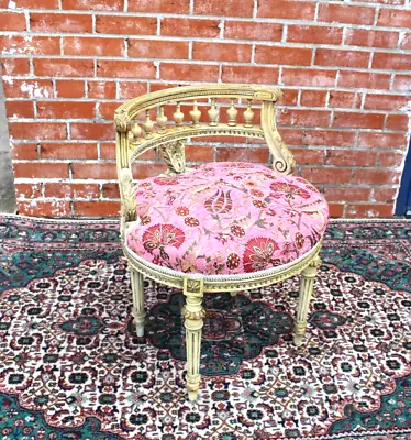 French Antique Painted Louis XVI Vanity Upholstered Chair / Ottoman Pink Fabric • $1100