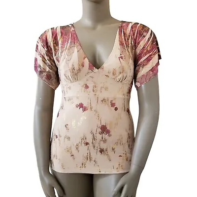 MKM DESIGNS V-Neck Empire Waist Tunic Top Womens Lg Beige Gold Burgundy Roses • $13