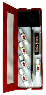 CHINESE WATERCOLOR PAINTING VTG Calligraphy Box Set Paint Brush Dish Dragon RARE • $18.99