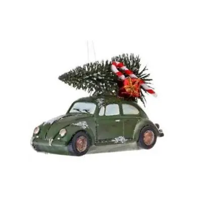 5  Retro Green VW Bug Car Christmas Ornament With Bottle Brush Tree • $16.99