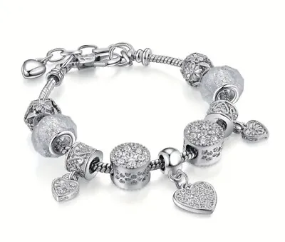  In The Style Of Pandora   Silver Look Glitzy Charm Bracelet With Heart • £3.75