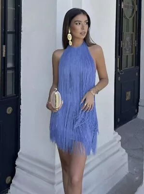 ZARA NEW WOMAN FRINGED SHORT DRESS BLUE Size S  2712/321 • £50