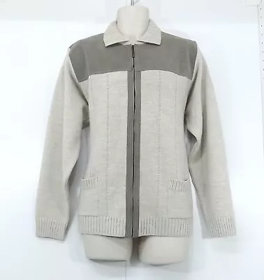 M&S Stone Beige Taupe WOOL Blend Vintage Retro Style Mens Zip Cardigan Size L • £6.99