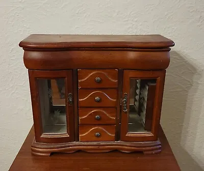 Dresser Top Jewelry Box Mirror Armoire Drawers Hooks Cherry Wood Etched Roses • $61