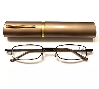 Extra Slim Reading Glasses +1.25 Unisex Dark Brown Metal Thin With Case • $12.89