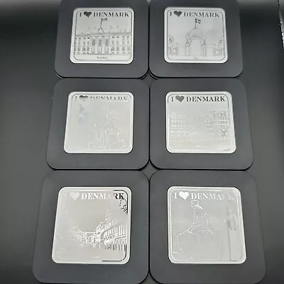 Denmark Copenhagen Drink Coasters 6 Square Black & Silver Illums Bolighus I Love • $29.99