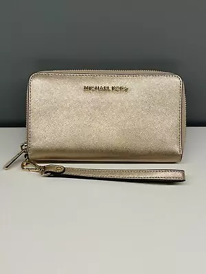 Michael Kors Leather Gold Metallic Phone Wallet Zip-Up Near Mint • $45