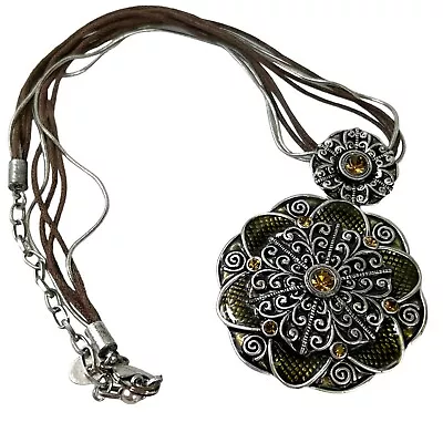 Brown & Olive Green Floral Mandala Flower Pendant On Multi Strand Cord Necklace • $17.99