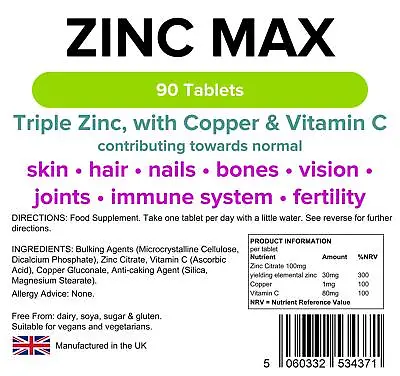 Zinc Max - 90 Tablets - [Lindens 4371] • £6.22