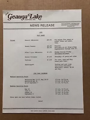 Vintage 1985 GEAUGA LAKE Amusement Park News Release FACT SHEET • $19.99