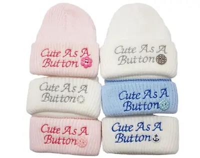 Baby Newborn Hat Beanie Knitted Girls Boys Unisex Embroidered Cute As A Button • £6.50