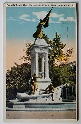 Baltimore Eutaw Place Francis Scott Key Monument Maryland Postcard 1923 • $6.25