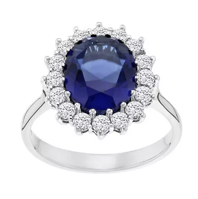 Sterling Silver Blue Sapphire & Cz Lady Diana Cluster Ring Size J To V • £27.95