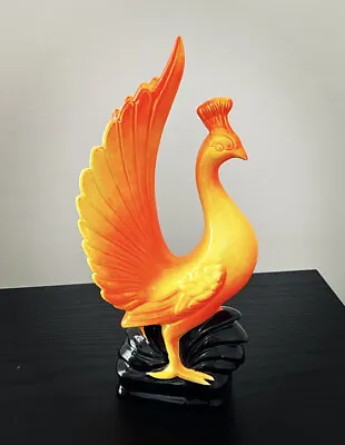 $30 • Buy Vintage MCM Ceramic Bright Orange Ombré Phoenix Firebird Peacock 1960s Rare Fall