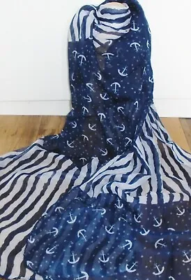 Nautical Anchor And Stripe Print Navy And White Ladies Scarf - Shawl - 72  X 16  • £6.50