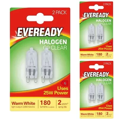 6 X Eveready G9 Eco 25W Halogen Capsule Bulb 180 Lumens 220V Clear Lamp Oven • £4.69