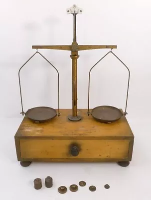 GERMAN SCALE Equal Arm Balance GRAM WEIGHTS On CABINET W DRAWER Brass Feet • $49.50