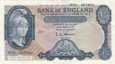 Bank Of England UK Great Britain Britannia 5 Pounds (1961)  O'Brien  P-372 XF • $69.99