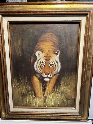 Vintage Art Painting Tiger Oil  On Canvas Framed Signed Jungle Cat • $75