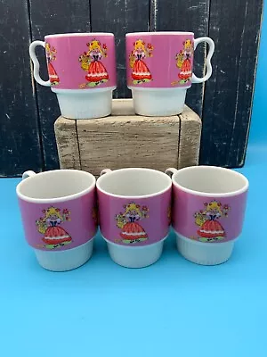 Vintage NEVCO Five Piece Coffee Mug Set Japan Maidens W/ Flower Baskets Pink • $20