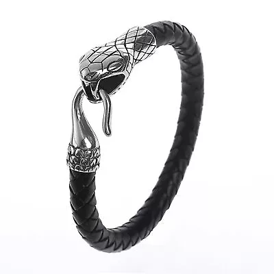 Men's Stainless Steel Norse Viking Snake Real Leather Bracelet Cuff Bangle Gift • $9.99