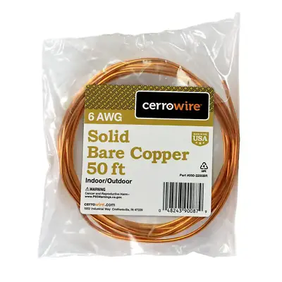 Copper Grounding Wire 50 Ft. 6-Gauge Solid SD Bare Overhead Transmission Use • $53.06