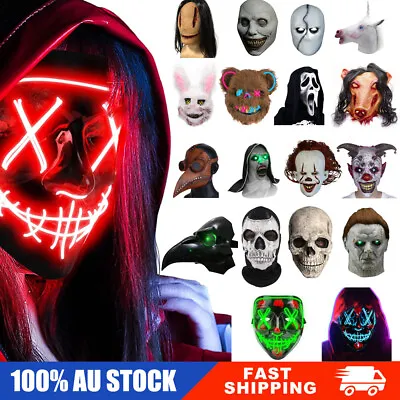 Scary Mask Halloween LED Neon Stitches Skull Purge Joker Bunny Party Decor Mask • $12.89