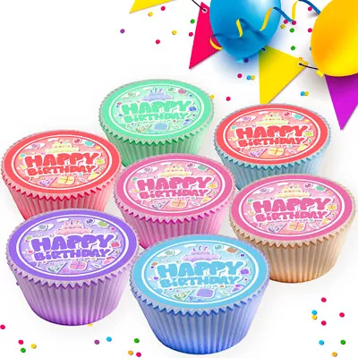 30 Fun Mixed Colour Happy Birthday Edible Cupcake Toppers Thick Rice Paper 1309 • £2.99