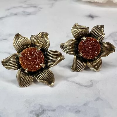 Vintage Sunflower Sterling Silver 925 Goldstone Screwback  Costume Earrings • $29.95