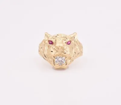 Men's Tiger Lion Head Ring Ruby Eyes & CZ Real Solid 10K Yellow Gold Size 10 • $399.99