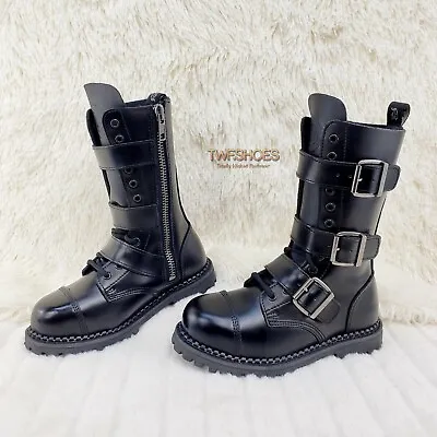 Riot 12 Goth Combat Biker Steel Toe Ankle Boots Black LEATHER Men DEMONIA NY • $122.95