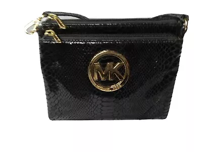 Michael Kors Fulton Black Leather Crossbody Organizer Purse Python  Print Bag • $45