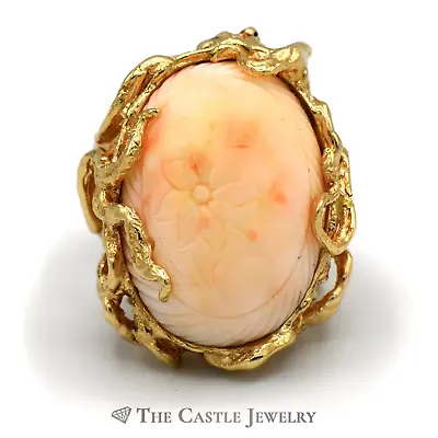 Large Flower Engraved Coral Ring With Vine Designed Mounting In 14k Yellow Gold • $1495