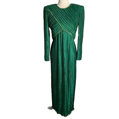 Vintage 80s George F Couture Evening Dress S Green Accordion Pleats Designer Zip • $122.50