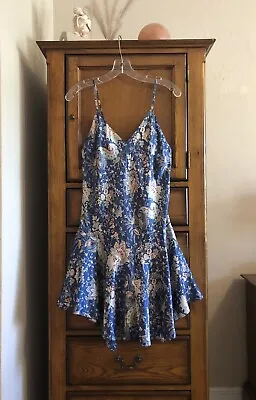 Vintage In Stock 100% Silk Blue Paisley Floral Babydoll Nightgown Nighty Large  • $19