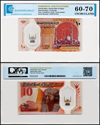 Egypt 10 Pounds 2022 ND P-81 UNC Polymer Authenticated Banknote • $9.99