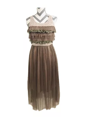 A’reve Anthropologie Ruffled Taupe Tulle & Crochet Dress - Size S • $45