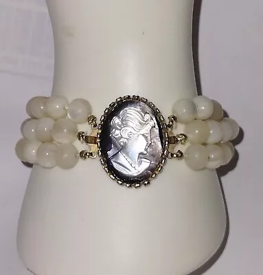 Vtg Abalone Carved Cameo & Shell Ball 3 Strand  Bracelet • $40