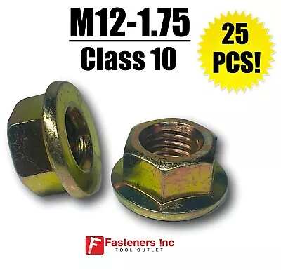 (QTY 25) M12-1.75 Metric Hex Flange Nuts Class 10 (Grade 8) Zinc Yellow  • $18.53