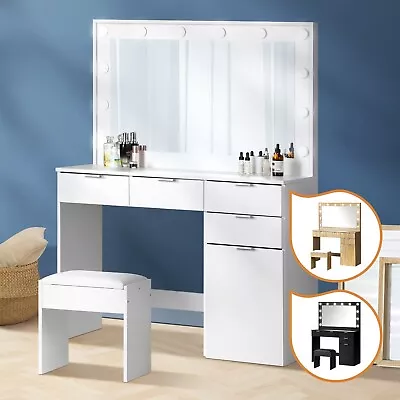 Oikiture Dressing Table Stool Set Makeup Large Mirror Dresser Vanity 12 LED Bulb • $237.41