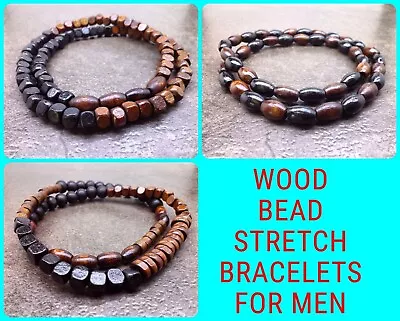 Mens Wood Beaded Bracelet Bangle Cuff Wristband Jewelry Charm Wooden Beads Men • $15.99