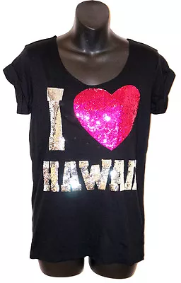 NWT VICTORIA'S SECRET LOVE PINK HAWAII Sequin BLING BLACK Silver T Shirt Top NEW • $39.99