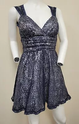 B. Darlin Juniors Size 3/4 Sequined Lace Blue White Lined Short Formal Dress • $13.99