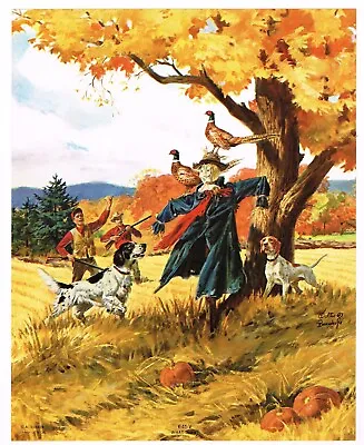 Original Vintage Calendar Print C1950 Hunting Dogs Pumpkins Halloween Scarecrow • $23.95