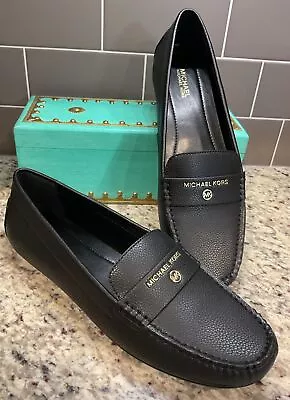 MICHAEL KORS Women’s  Sz 8.5 M  Black /Gold Logo Salma Moccasin Loafer Flats NEW • $59.99